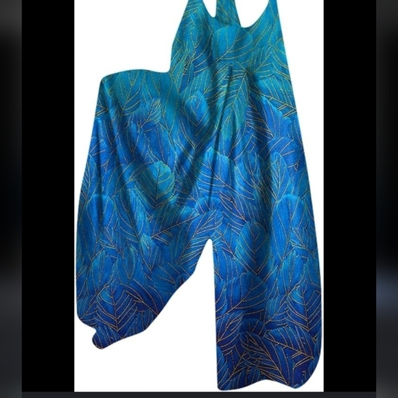 Women's Blue Textured Asymmetrical Wide Leg Shoulder Tie Pockets Jumpsuit Romper - Picture 2 of 14